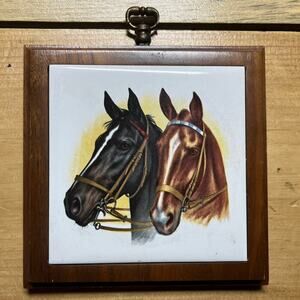 Beautiful Vintage Horse Picture Tile wood Framed Wall Hanger. Western Farm